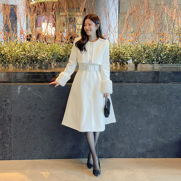 Snow 퍼소매 Quilting Lining A-line Wool Dress Coat