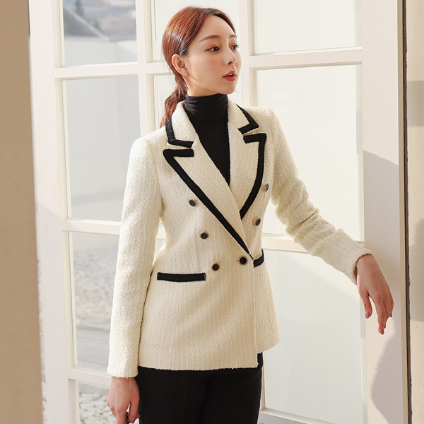 Color Combination Tweed Double-button Wool Jacket