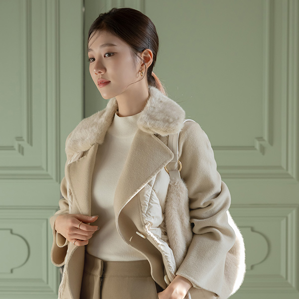 Mink Fur Collar Goose Color Combination Padding Wool Belted Long Coat