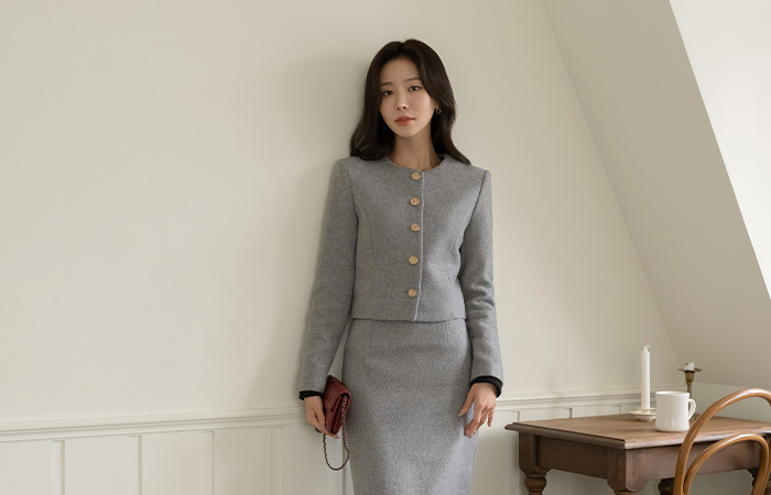 Berry Thick Wool Tweed Set-up Jacket