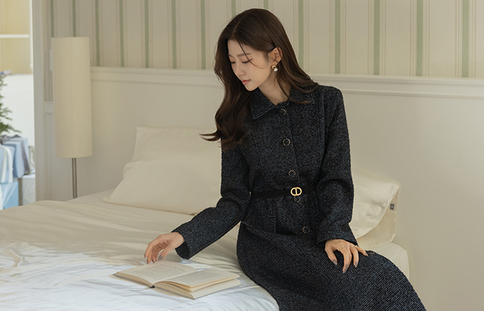지젤 Wool Tweed A-line Belt Dress