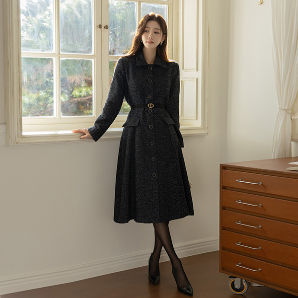 지젤 Wool Tweed A-line Belt Dress