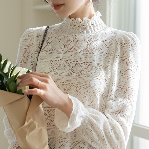 Mochi Span Frill Neck Wool Lace Blouse