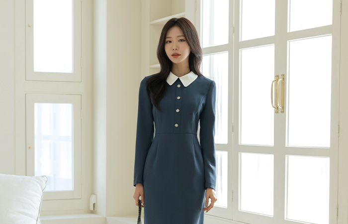 단아 Color Combination Collar Tight Slim Dress