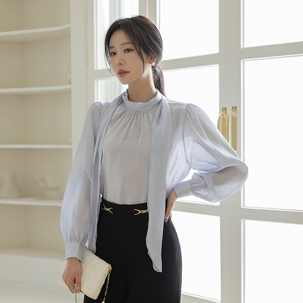 Shining Glossy Shirring Tie Blouse