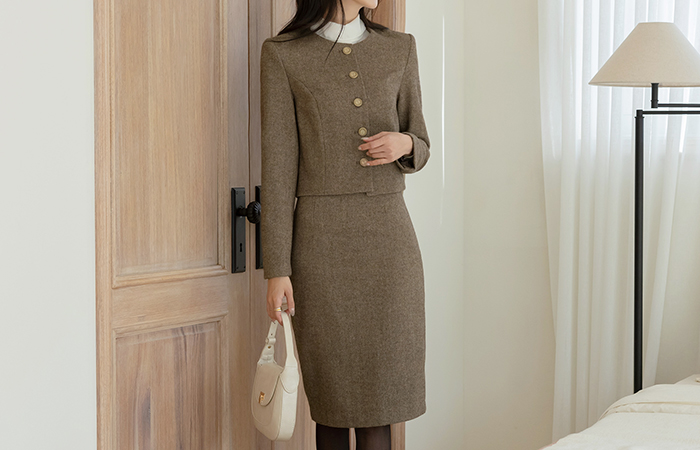 Herringbone Wool Tweed H-line Set-up Skirt