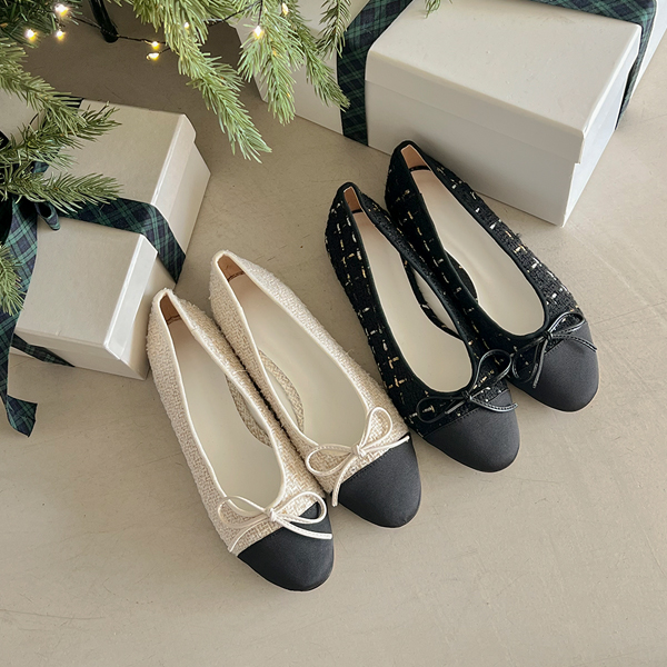 Color Combination Tweed Ribbon Flat shoes