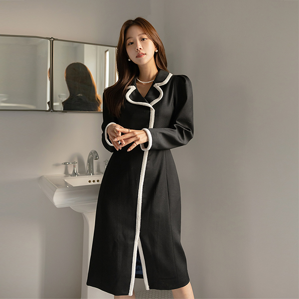 [O:neul] primium Color Combination Line Puff Shoulder Wool Dress