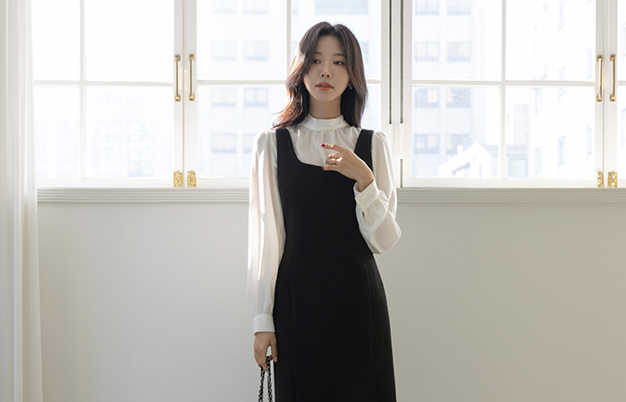 Wool Wool Slit H-line Bustier Dress