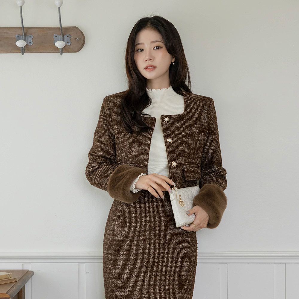 Fur Crop Quilting Wool Tweed Set-up Jacket