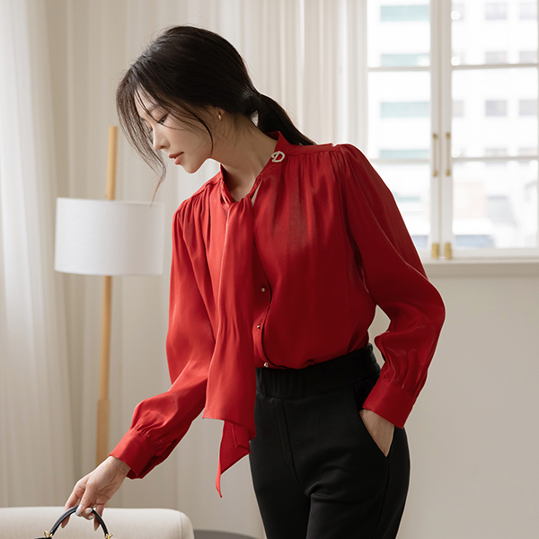 Glossy Brooch Tie Neck Blouse