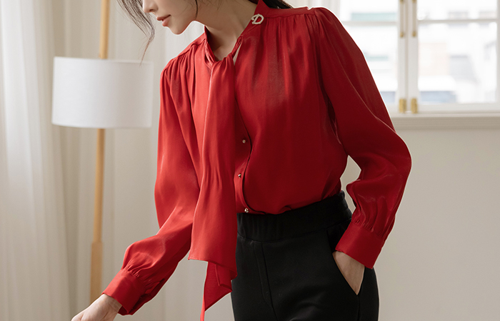 Glossy Brooch Tie Neck Blouse