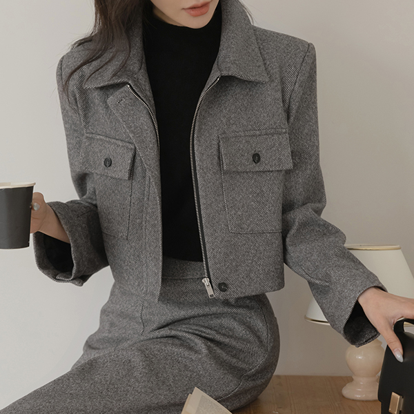 원스 Herringbone Wool Crop Set-up Jacket