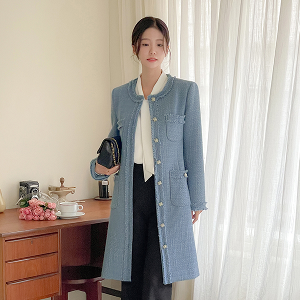 Wool Tweed Double Pocket Long Jacket