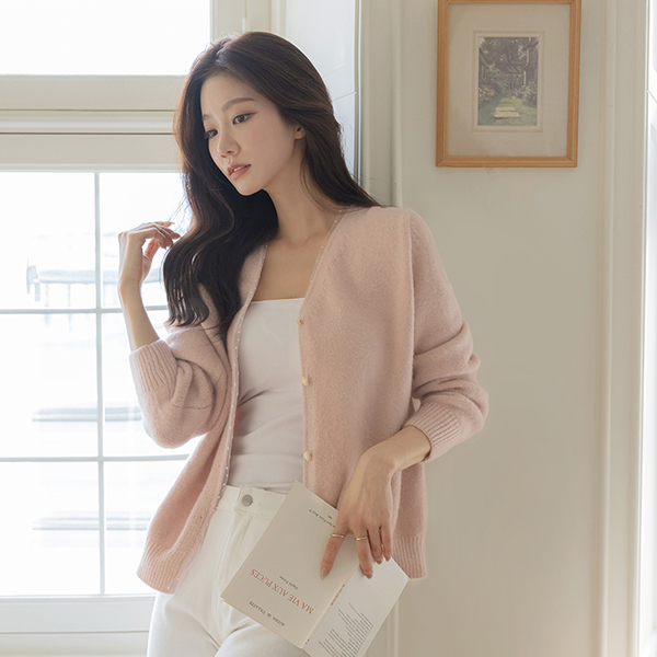 Dot Lace Color Combination V-neck Wool Cardigan