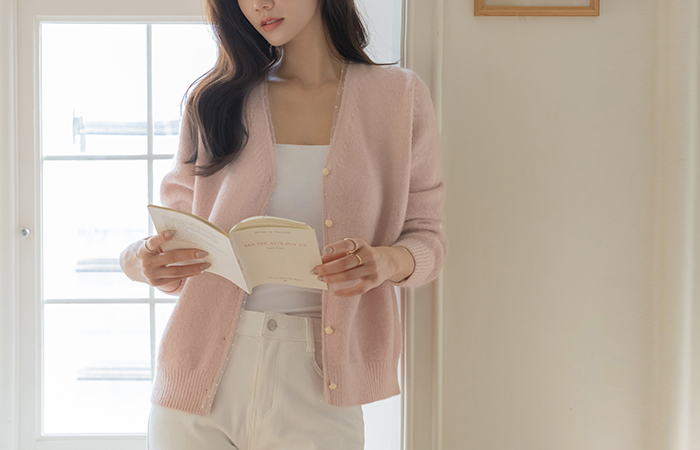 Dot Lace Color Combination V-neck Wool Cardigan