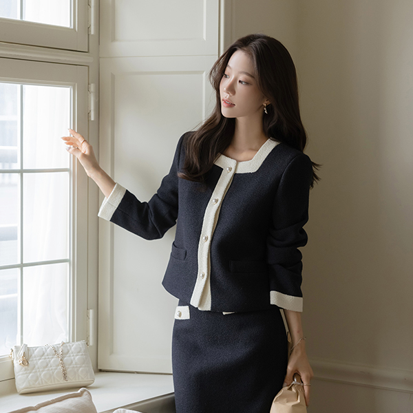 Monica Color Combination Wool Tweed Set-up Jacket