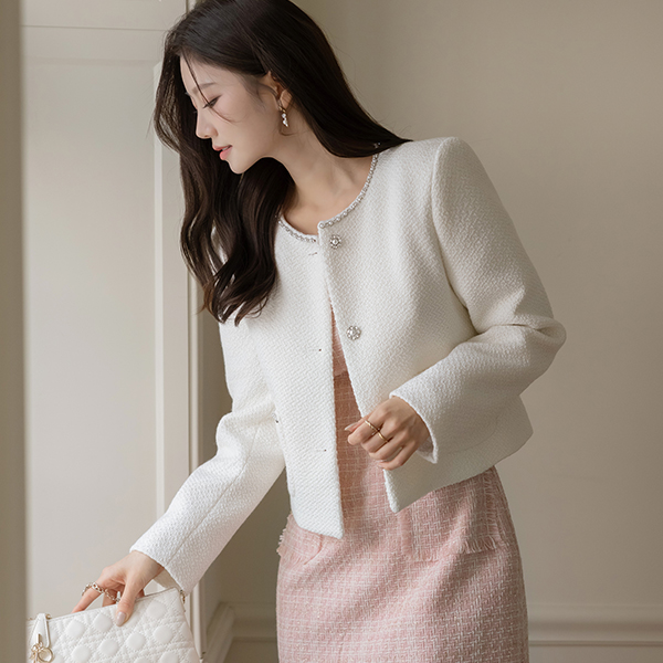Pearl Cubic Raund neck Tweed Jacket