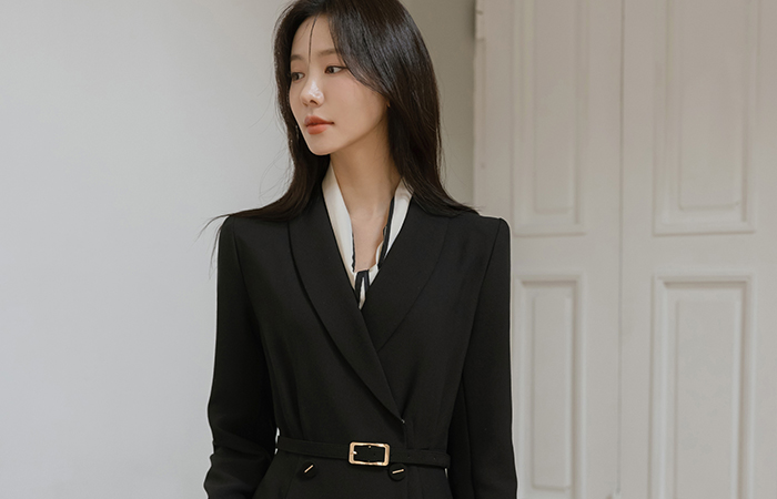 Luna Shawl Collar Double-button Belt (Set) Dress