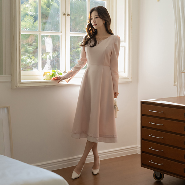 슈슈 Color Combination Puff Sleeves A-line Dress