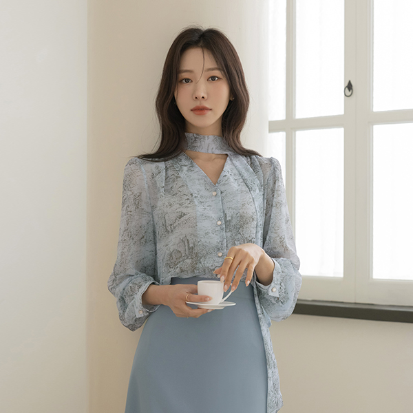 Ethnic Patterns Chiffon Tie Neck Blouse