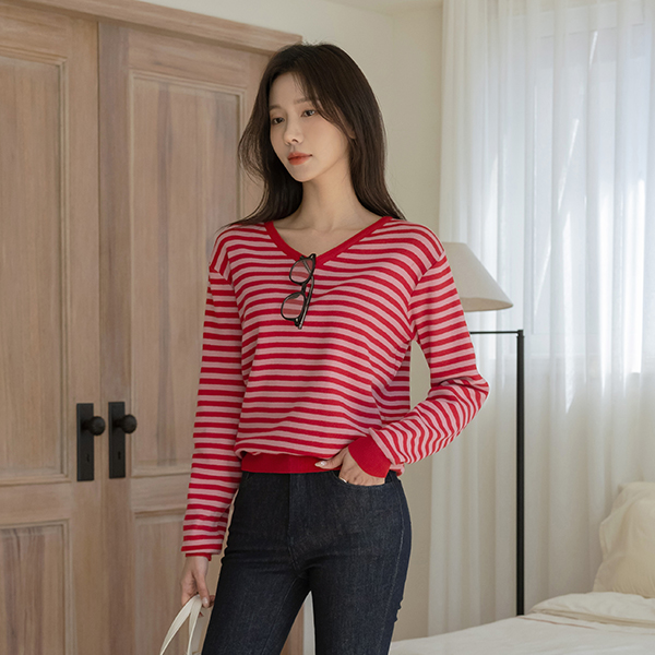 밍키 Soft Stripe V-neck Knit