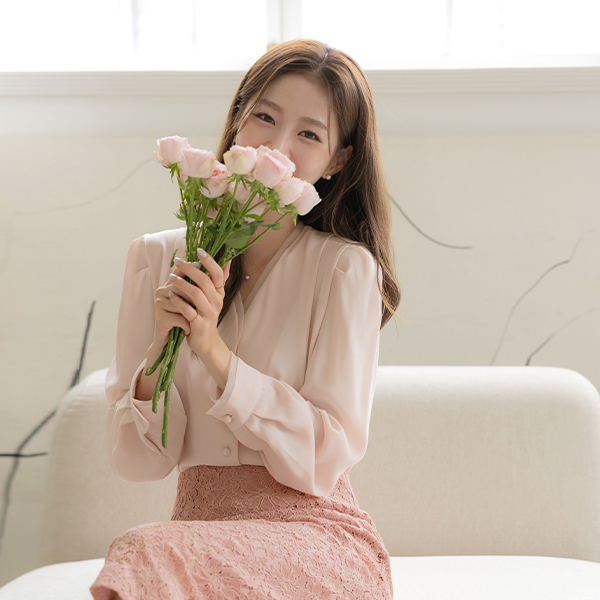 Organza Color Combination Lining Pintuck Puff Long-sleeve Blouse