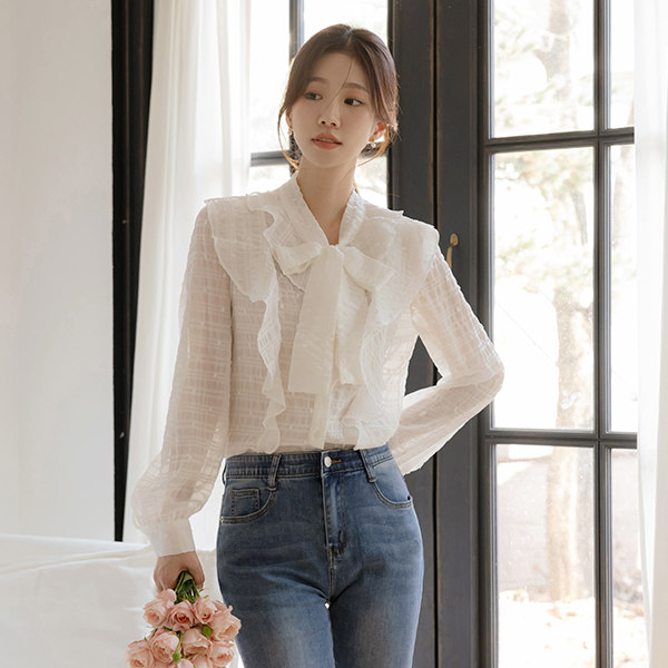 Lovely Popcorn Ruffle Tie Neck Blouse