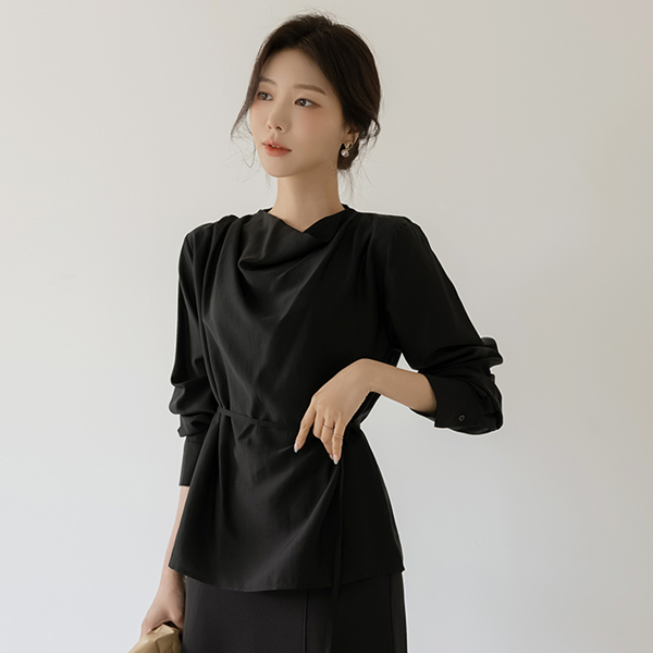 Loel Glossy Cowl Neck Blouse(+Belt)