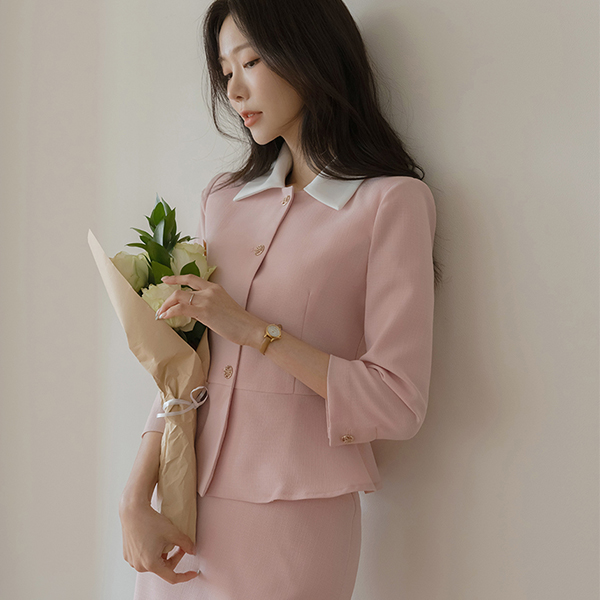 에이블 Color Combination Collar Peplum Set-up Jacket