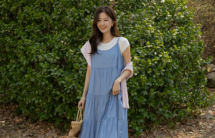 Picnic Cancan Sleeveless shirts Long Denim Dress