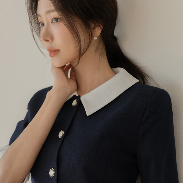 Tweed Collar Color Combination H-line Dress