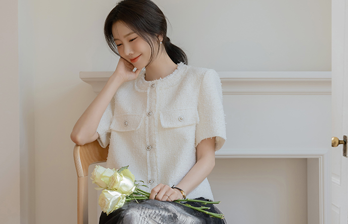 Leeds Tassel Short-sleeve Tweed Jacket