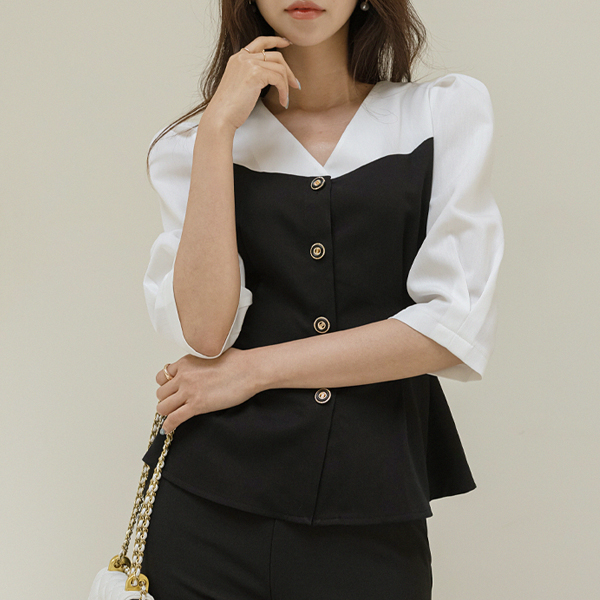 Elegance Gold Button Color Combination Slim Fit Blouse