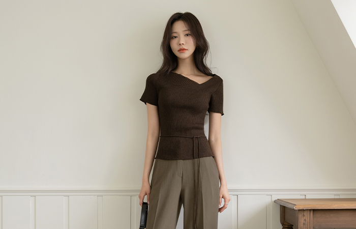 Unbalance Neckline Summer Corduroy Knit(+Belt)