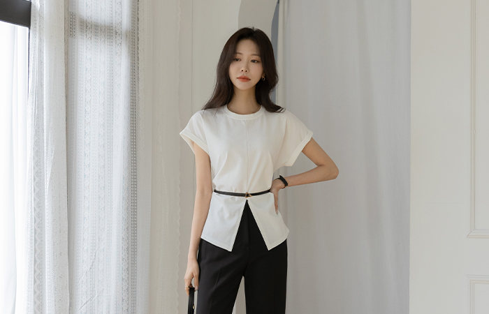 Front Slit Roll-up Cap-Sleeves Shirring T-shirt