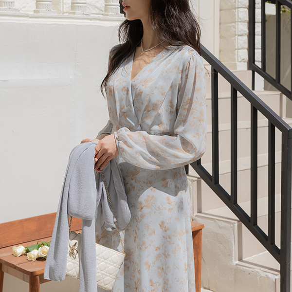 slender V-neck Printing Chiffon Dress