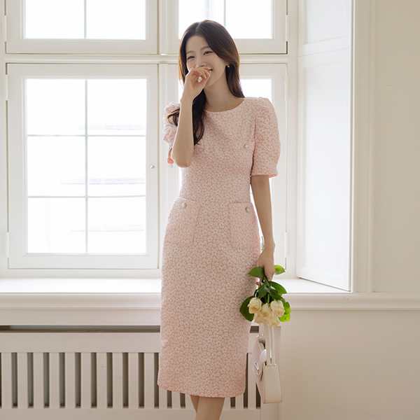Flower embossing Puff Dress