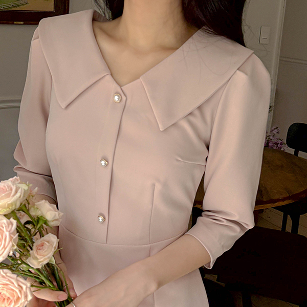Romantic Pearl Collar Three-Quarter Sleeves Dress(+Ribbon Strap)