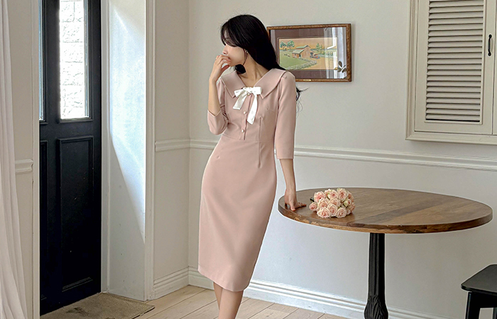 Romantic Pearl Collar Three-Quarter Sleeves Dress(+Ribbon Strap)