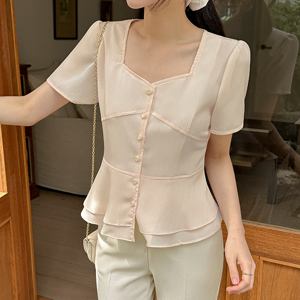 Pure 오각넥 Double Color Combination Peplum Blouse(+Belt)