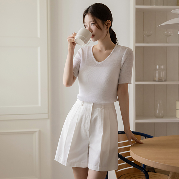 plain Span Corduroy V-neck Knit