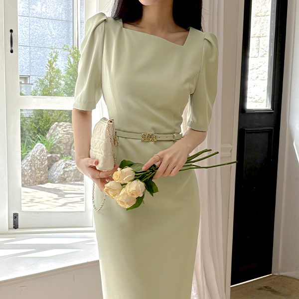 Unbalance Square Neck Puff H-line Dress(+Belt)