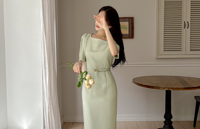 Unbalance Square Neck Puff H-line Dress(+Belt)