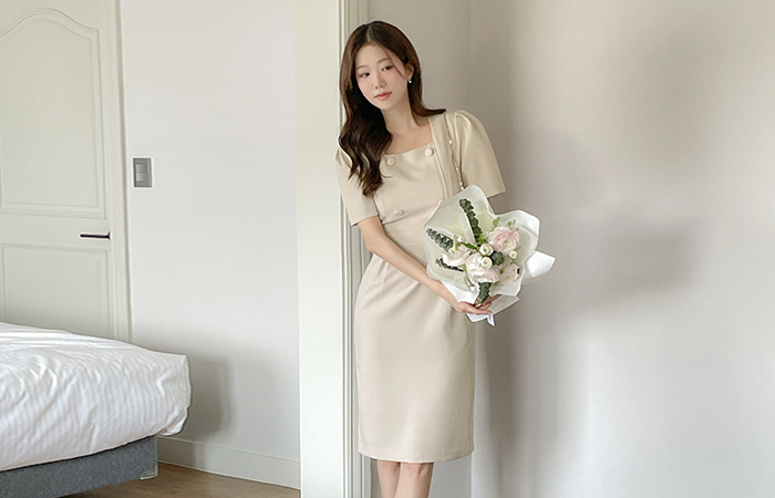 Classic Square Neck Double-button H-line Dress