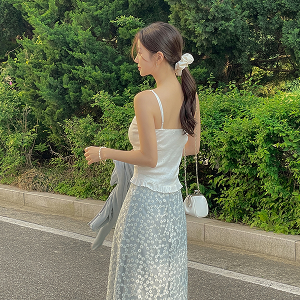 Frill Punching Lace-Neck Strap Tank-Top