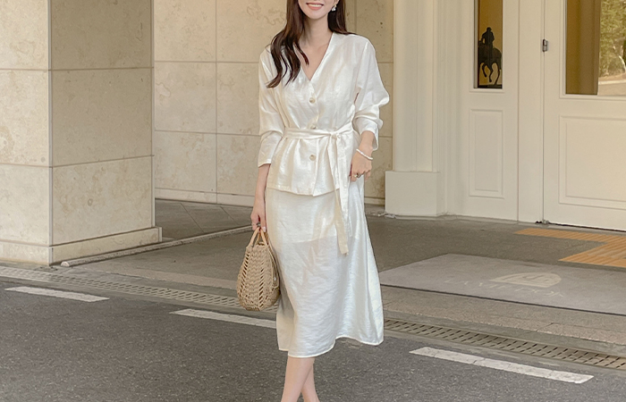 Glory Linen Sleeveless shirts Dress&Jacket SET(+Belt)