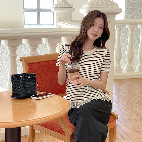 Stripe Lace Hems Short-sleeve T-shirt
