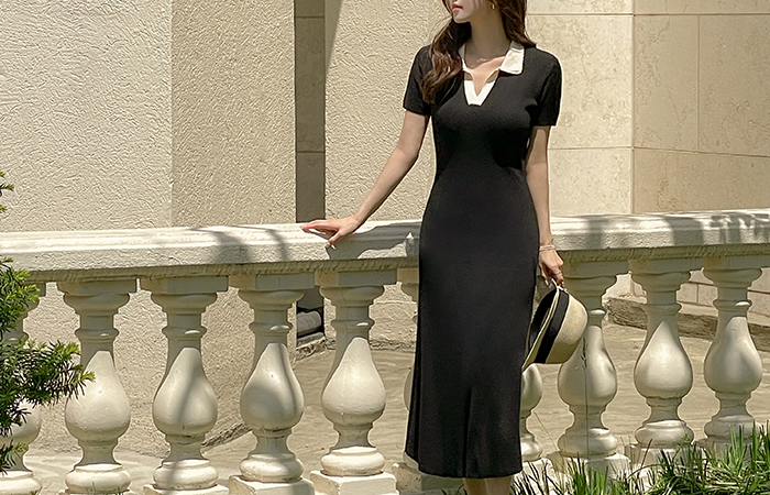 Color Combination Polo Slim Corduroy Knit Dress