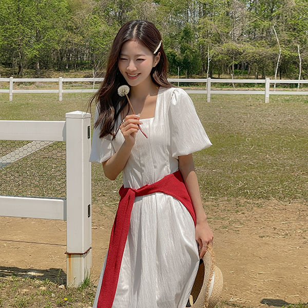 Puff Sleeves Pintuck String Dress
